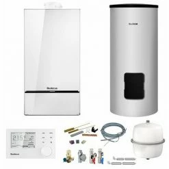 Buderus GB182i Logaplus Gas-Brennwert Heizungspaket W42 Mit Regelung RC310 In Weiß Und SU160 Speicher, 14 KW