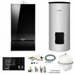 Buderus GB182i Logaplus Gas-Brennwert Heizungspaket W42 Mit Regelung RC310 In Schwarz Und SU200 Speicher, 14 KW